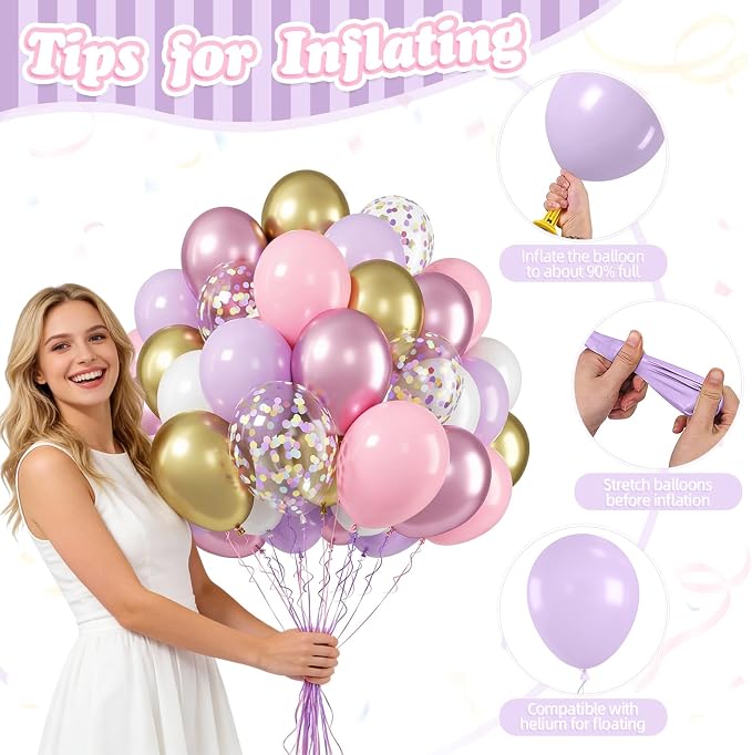 Pink Purple Balloons, 12 Inch Metallic Gold Colorful Confetti Latex Balloons - Image 3