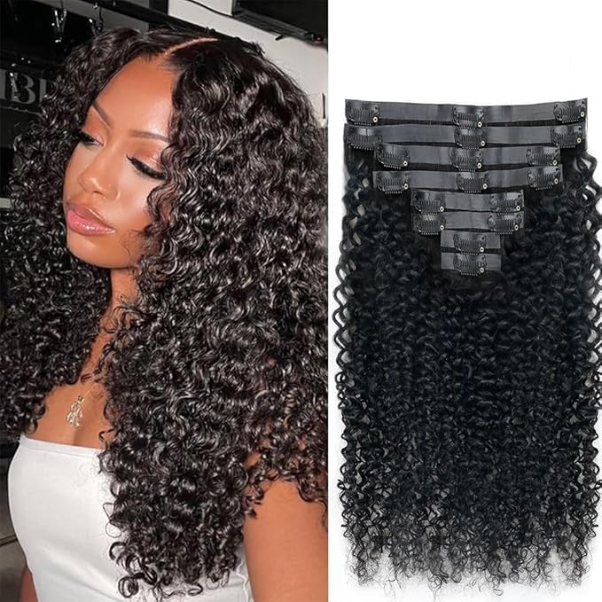 Seamless Curly Clip in Hair Extensions Real Human Hair Brazilian Virgin Human Hair Clip in Extensions 8Pcs Seamless Clip ins for Black Women with 18Clips PU Skin Weft 120g 14inch Natural Black