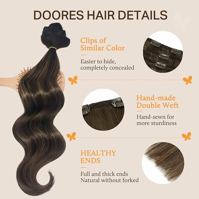 DOORES Human Hair Extensions Clip in Balayage Dark Brown to Chestnut Brown Clip in Remy Hair Extensions Natural Hair 120g Straight 7pcs 24 Inch