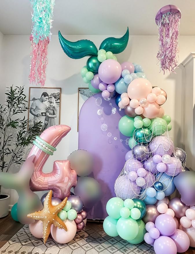Mermaid Balloons, Glitter Metallic Purple Green Light Teal Balloon - Image 2