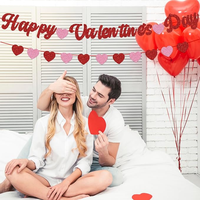 Happy Valentines Day Banner Glitter Valentines Banner Red Pink Heart Garland - Image 8