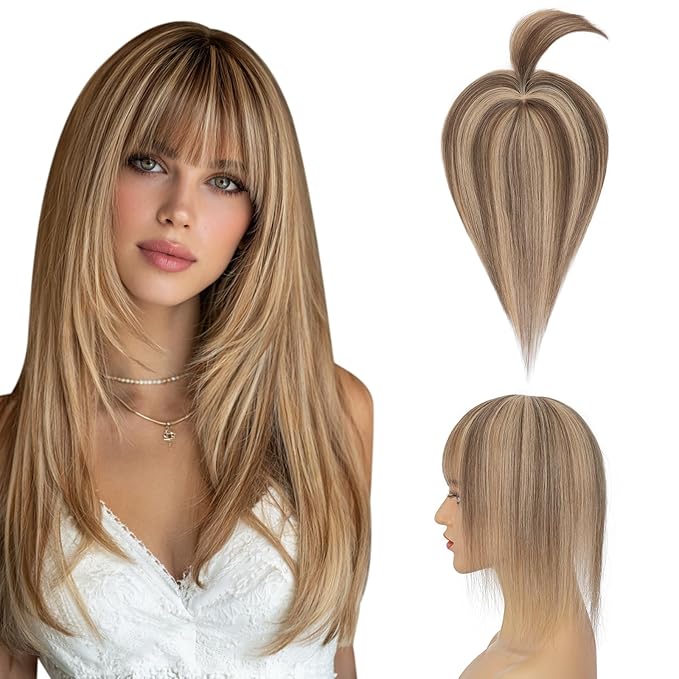 Hairro Mono Hair Toppers with Bangs, 3.4" x 3.4" Mono Base 100% Real Human Hairpieces for Women, 150% Density Clips In Topper for Greyish Thinning Hair, 18 Inch Medium Brown Mix Dark Blonde