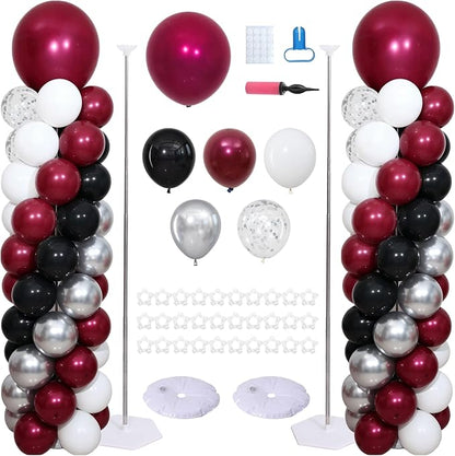 Burgundy Silver Black Balloon Column Stand Kit of 2 | 102Pcs Maroon Balloons by ZyloonDecoration