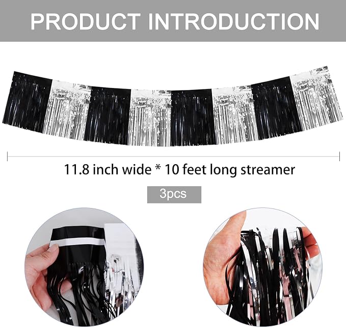 BEISHIDA Black Silver Fringe Garland Banner 30ft Wall Tinsel Foil Streamers | - Image 3