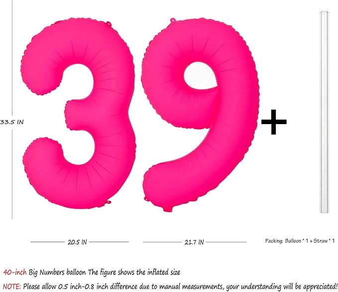 Pink Birthday Number 39 Balloons 40IN Fluorescent Pink 93 Foil Balloon | - Image 2