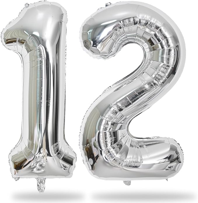 Silver 12th Birthday Balloons for Boys, 40 Inch Mylar Self Inflating 12 Balloon by Lingqiang