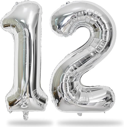 Silver 12th Birthday Balloons for Boys, 40 Inch Mylar Self Inflating 12 Balloon by Lingqiang