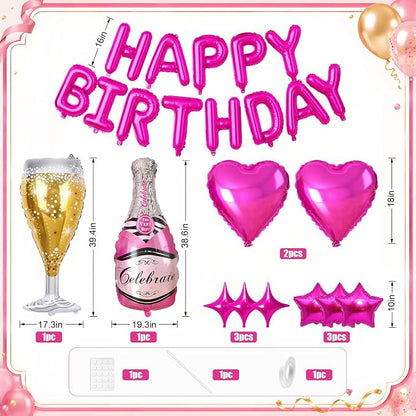 Hot Pink Happy Birthday Balloons Banner, Star Heart Balloons, Champagne Bottle - Image 2