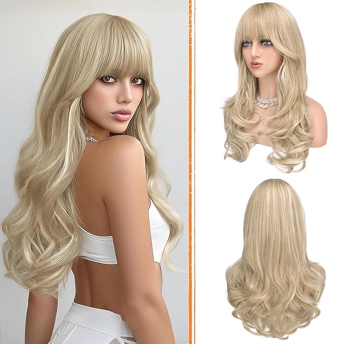 Haloo Blonde Wigs with Bangs Long Wavy Layered Haircut Natural Looking Fluffy Synthetic Heat Resistant Hair Wig for Women Daily Party, 24 Inch Dirty Blonde