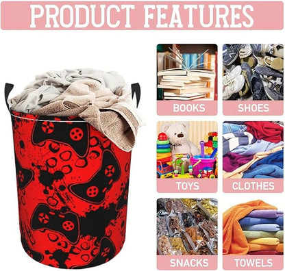 Game Joysticks Red Background Round Laundry Hamper Storage Basket Toys Clothes - Image 5