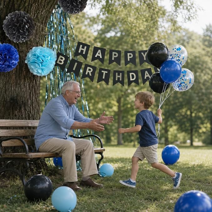 ANSOMO Blue and Black Happy Birthday Party Decorations - Image 2