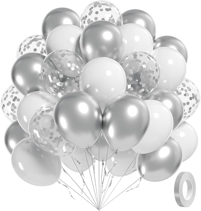 60pcs White and Silver Balloons 12inch by Awenztech