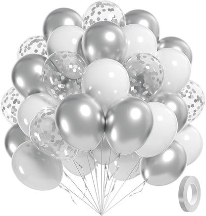 60pcs White and Silver Balloons 12inch by Awenztech