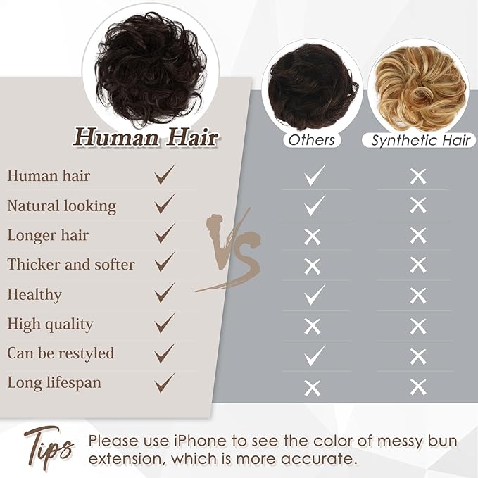 RUWISS Large Messy Bun Hair Piece 100% Human Hair Layered Wavy Curly Hair Buns Hair Piece for Women Updo Hairpiece for Daily Wear Real Hair Ponytail Extension (Dark Brown with 15% Dark Cocoa Blonde)