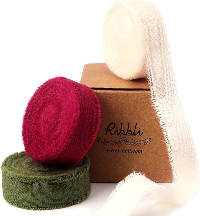 Ribbli 3 Rolls Christmas Ribbon 5/8 Inch x 18 Yards Ivory Burgundy Moss by Ribbli