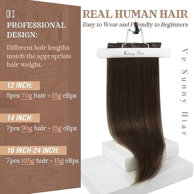 Ve Sunny Clip in Hair Extensions Real Human Hair Dark Brown Hair Extensions Clip ins 14Inch Human Hair Clip in Extensions 100g