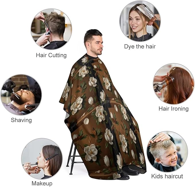 Large Long Hair Cutting Cape, Salon Apron Giant Magnolias Flowers Painting Haircuting Salon Cape Gown for Hair Cutting Styling