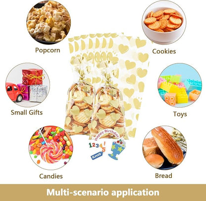 COQOFA 100 Pcs Gold Heart Cello Cellophane Treat Bags - Image 7