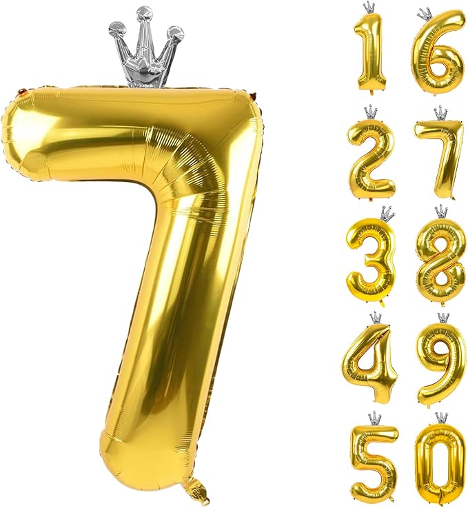 Gold Number 7 Balloon with Crown, 40 inch Gold Number Balloon 7th Birthday by Yeodong