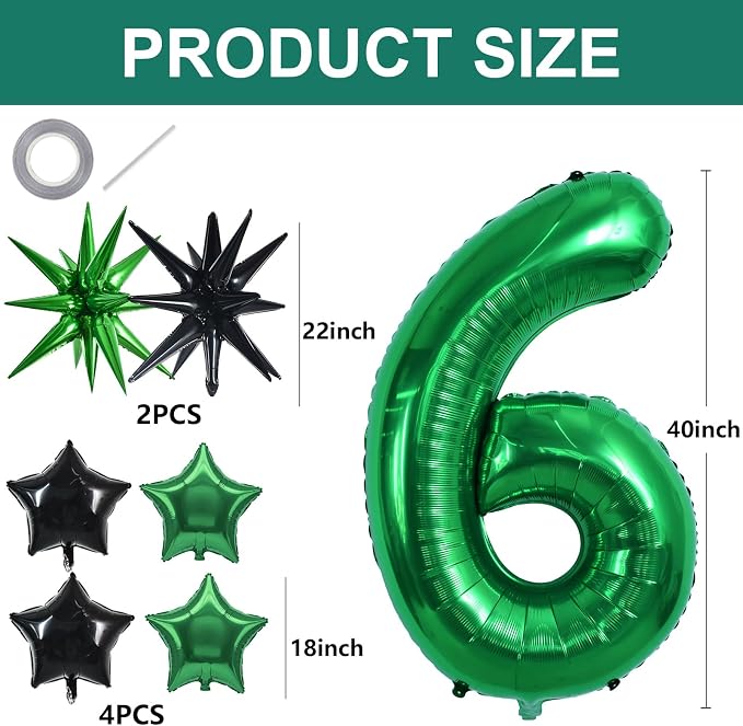 TONIFUL 6th Birthday Balloons Kit 40 Inch Dark Green Large Number 6 Balloon | - Image 2
