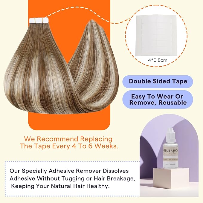 Full Shine Tape in 22 Inch Hair Extensions Real Human Hair Color 6/60/6 Balayage Extensions Remy Brown with Platinum Blonde Extensions Human Hair Natural Tape in Hair Extensions 20PCS 50grams