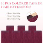 GOO GOO Tape in Hair Extensions Human Hair, Burgundy Red, 12inch 20g 10pcs, Colored Tape ins Human Hair Extensions, Silky&Soft Invisible Tape Ins, Hair Highlighted for Party