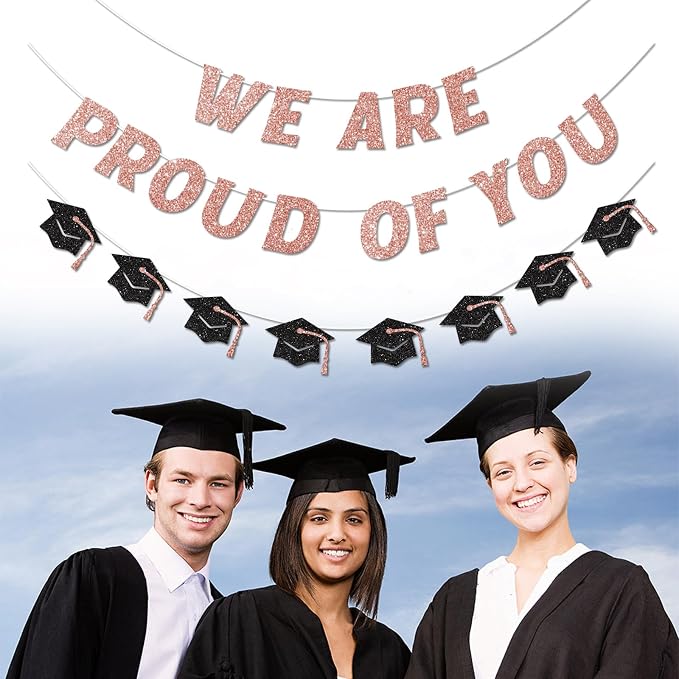 We Are So Proud of You Banner Pre-strung Rose Gold Graduation Decorations Class - Image 3