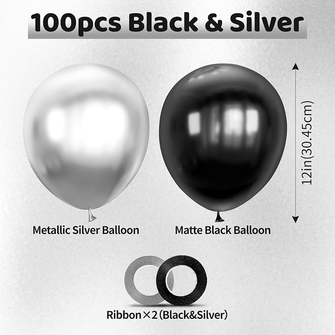 100pcs Black and Silver Balloons 12 Inch Metallic Silver and Black latex Party - Image 2