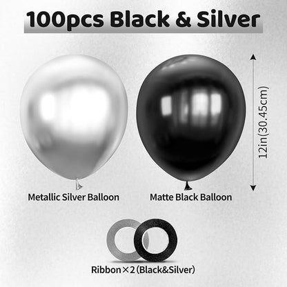 100pcs Black and Silver Balloons 12 Inch Metallic Silver and Black latex Party - Image 2