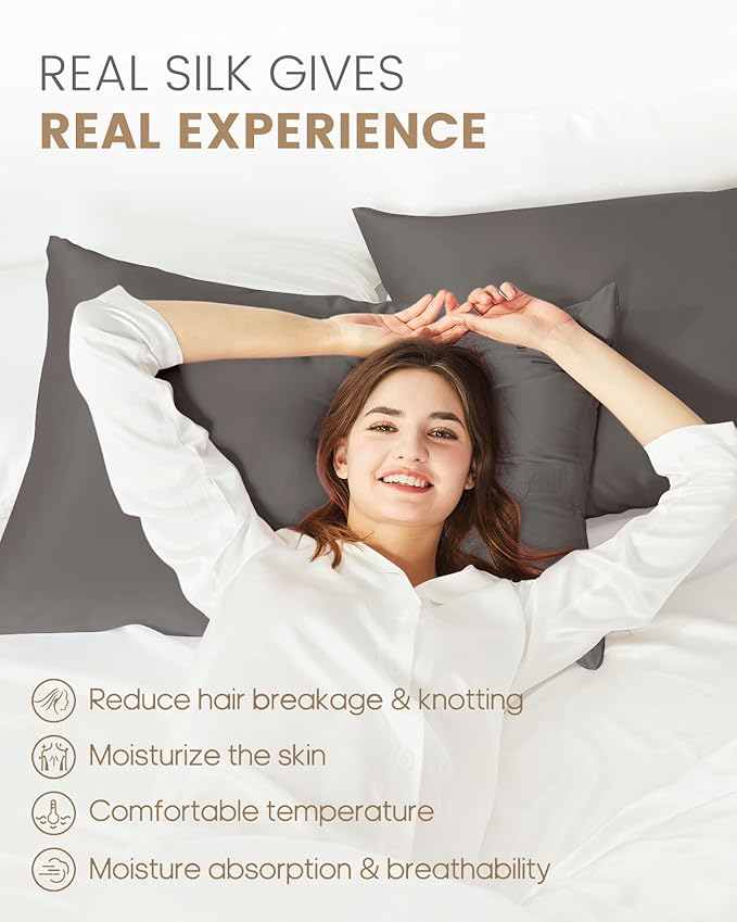 THXSILK Set of 2 Mulberry Silk Pillowcases, 100% Pure Mulberry Silk, 19 Momme 6A+ Grade, Silk Pillowcase for Hair and Skin, King Size Pillow Case with Hidden Zipper, Dark Grey