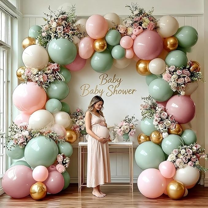 Dusty Green Pink Balloon Arch Double Stuffed Pastel Baby Pink Light Green White - Image 5