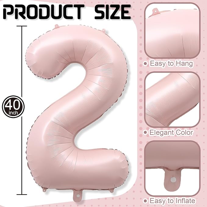 40 Inch 2 Balloon Number, Large Dusty Baby Pink Foil Number 2 Balloons Birthday - Image 2