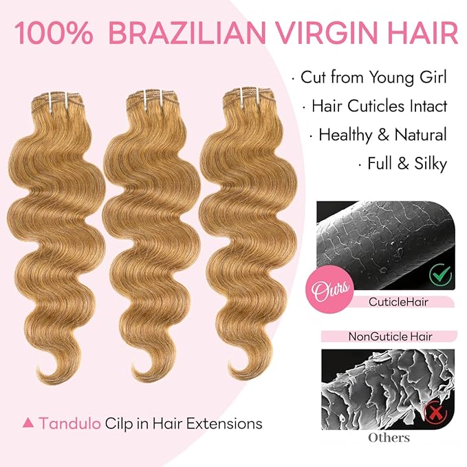 Clip in Hair Extensions Real Human Hair Body Wave 27 Honey Blonde Clip in 100% Brazilian Remy Human Hair Extensions 8pcs Per Set with 18 Clips Double Weft 18 Inch 100g/3.6oz