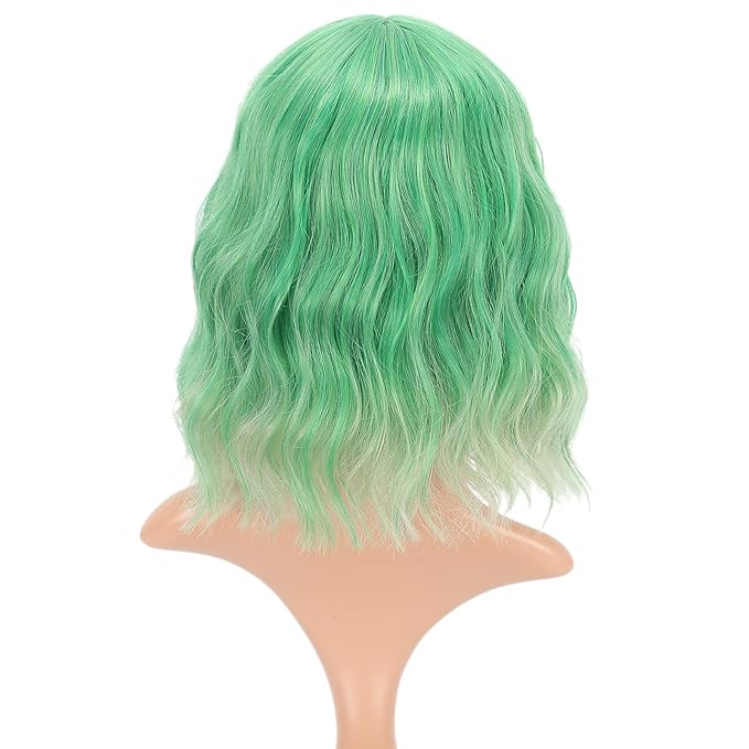 FAELBATY Green Wig Short Bob Wigs With Air Bangs Shoulder Length Wig For Women Curly Wavy Synthetic Cosplay Wig for Girl Costume Wigs (12" green color)