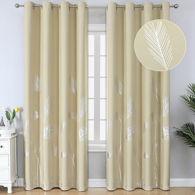 Blackout Curtains Elegant Silver Palm Tree Designed Window Drapes Energy Saving by ESTELARTEXTILER