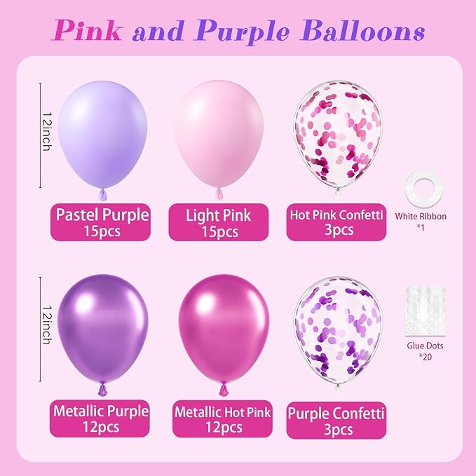 61pcs Pink and Purple Balloons, 12 Inch Purple Pink Confetti Balloons, Metallic - Image 2