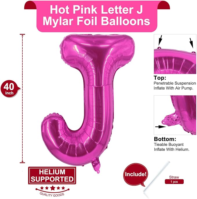 Lovoir 40 Inch Large Hot Pink Letter J Balloons Big Size Jumbo Mylar Foil - Image 2