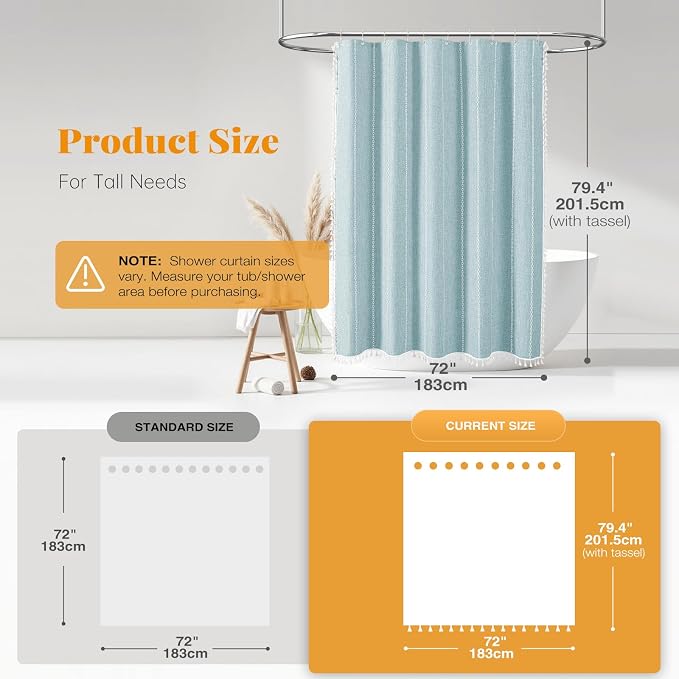72x78 Long Boho Farmhouse Linen Heavy Duty Shower Curtain, Fog Blue | Tall Size - Image 3