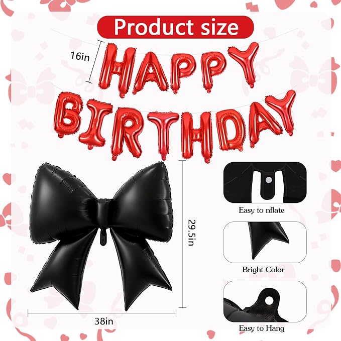 Vuzvuv Black Happy Birthday Balloons, 38 Inches Huge Red Bow Aluminum Foil - Image 2