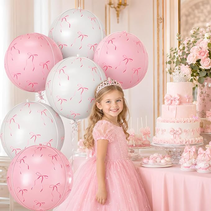 6Pcs Bow Print Round Foil Balloons, - Image 5