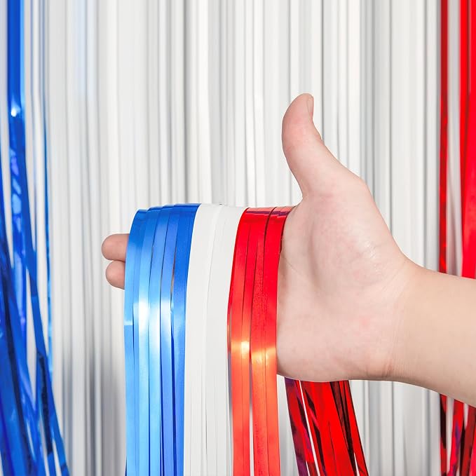 Voircoloria Red White Blue Foil Fringe Backdrop Curtains, 3 Pack | Tinsel - Image 2