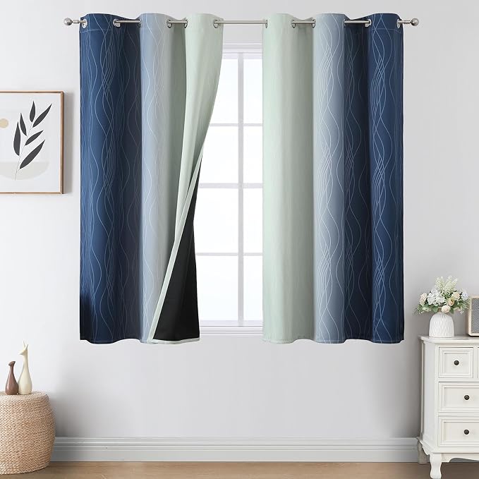 Sage Green and Navy Blue Ombre Blackout Curtains 45 Inches Long, Full Room by ESTELARTEXTILER
