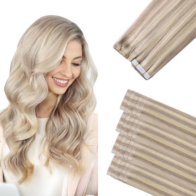 Sindra Invisi Edge Tape in Hair Extensions Human Hair Dirty Blonde Highlighted Bleach Blonde 55g Injected Tape-ins Straight Seamless Invisible Extensions 20 Inch 20pcs