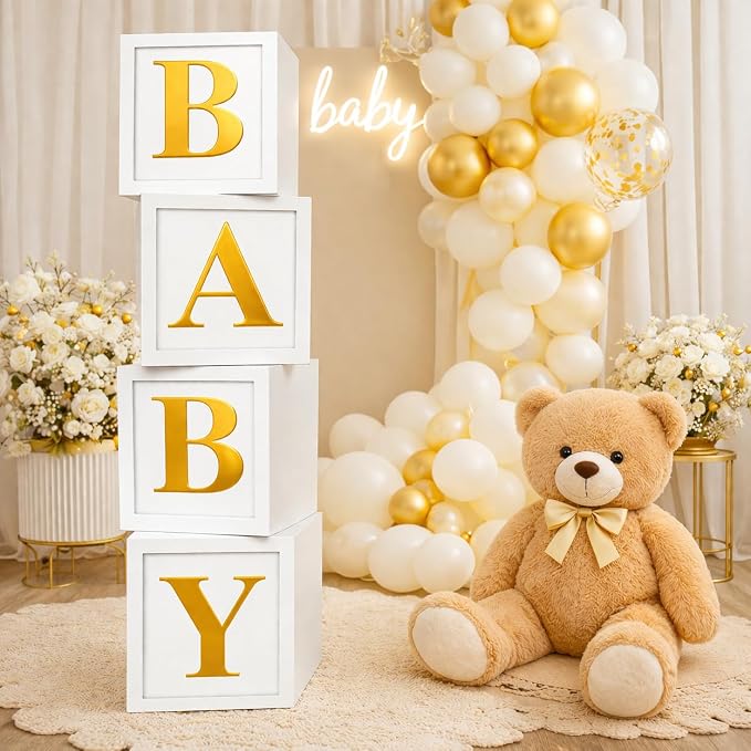 Baby Shower Balloon Boxes – 4 White Photo Prop Blocks by ShimmerAnnaShine