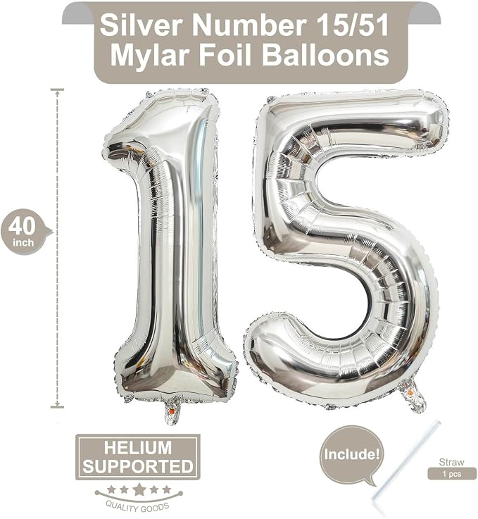 40 Inch Silver 15 Number Balloons Giant 15 or 51 Balloons Silver Birthday 15 - Image 2