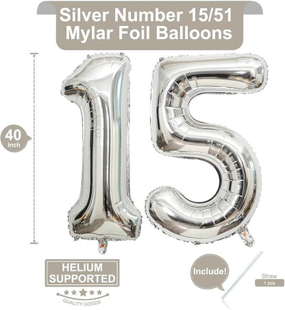 40 Inch Silver 15 Number Balloons Giant 15 or 51 Balloons Silver Birthday 15 - Image 2