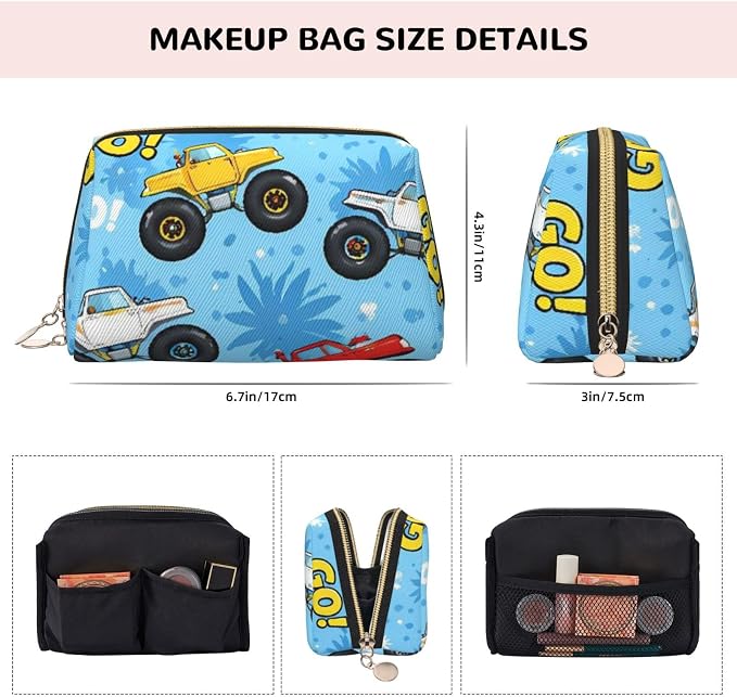 Monster truck cars blue Leather Makeup Bag Cosmetic Pouch Portable Travel - Image 4