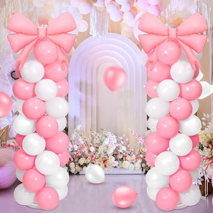 2 Sets Pink White Bow Balloon Column Stand Kit Includes 2 Bows & 100 Latex - Image 3