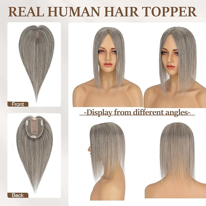 Rich Choices Hair Toppers for Women Real Human Hair 100% Human Remy Toppers NO Bangs for Women with Thinning on Top Clip in Hairpiece 4"x4.7"Lace Base 16 Inch Salt and Pepper G2 Sliver