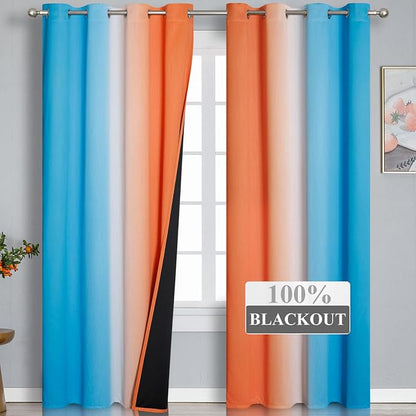 Orange and Blue Blackout Curtains 96 Inches Long, Full Light Blocking Gradient - Image 2